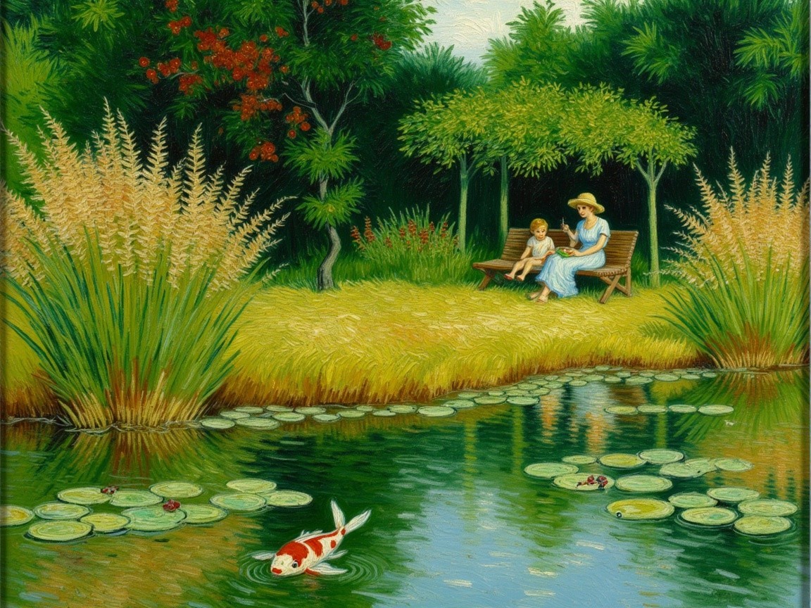 Lush Garden with Pond and Koi Fish Scene