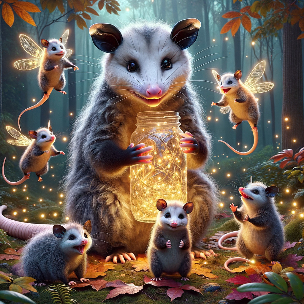 Whimsical Forest Scene with Opossums and Glowing Lights