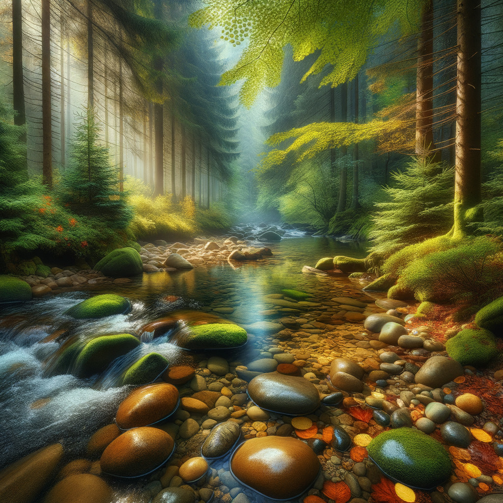 Serene forest landscape with flowing stream and trees