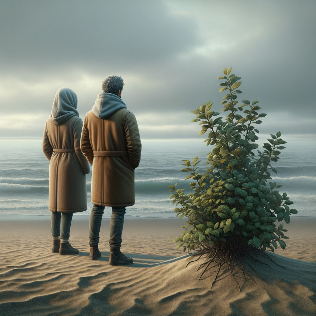 Couple in Brown Coats on Beach with Cloudy Sky