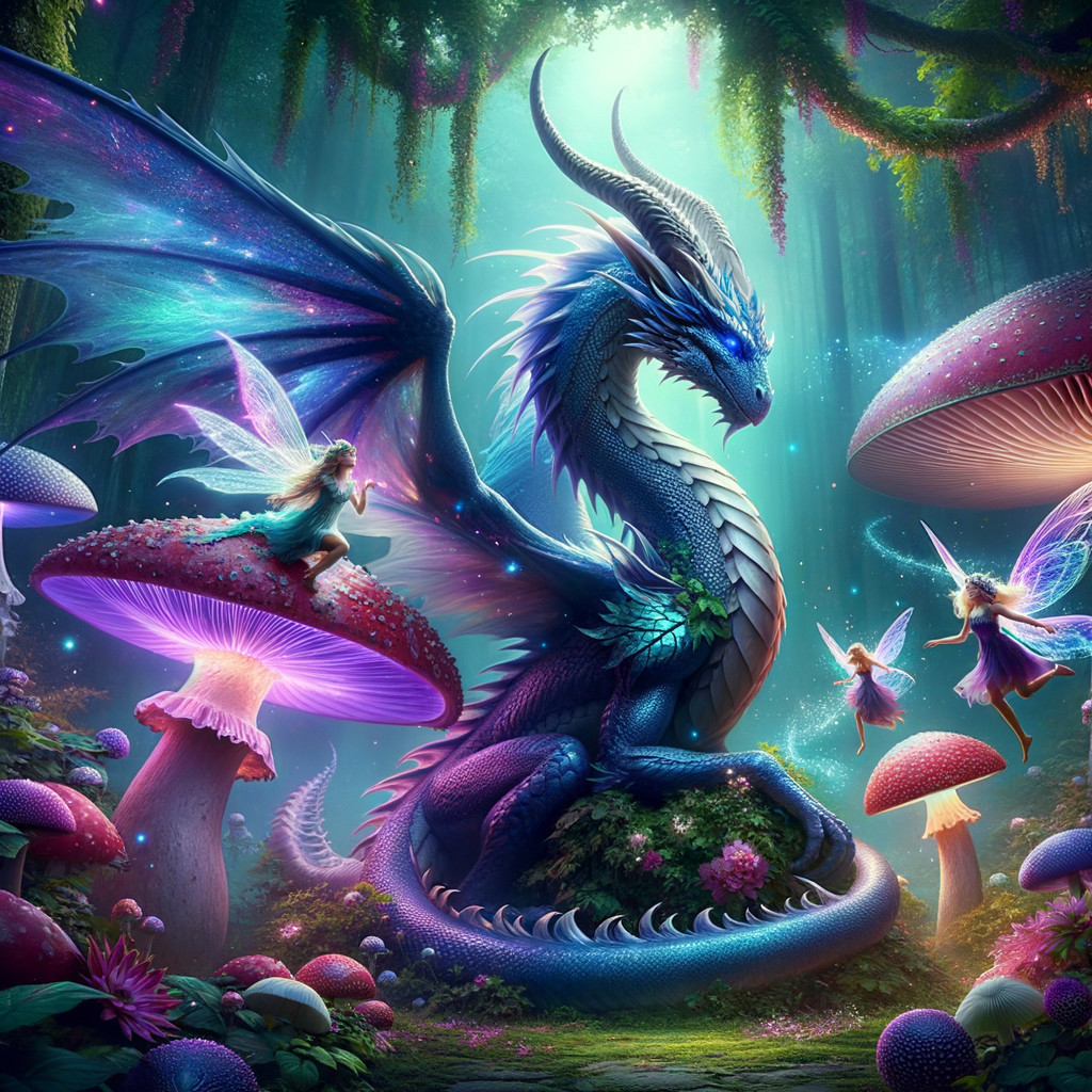 Majestic Blue Dragon in Enchanted Forest Setting