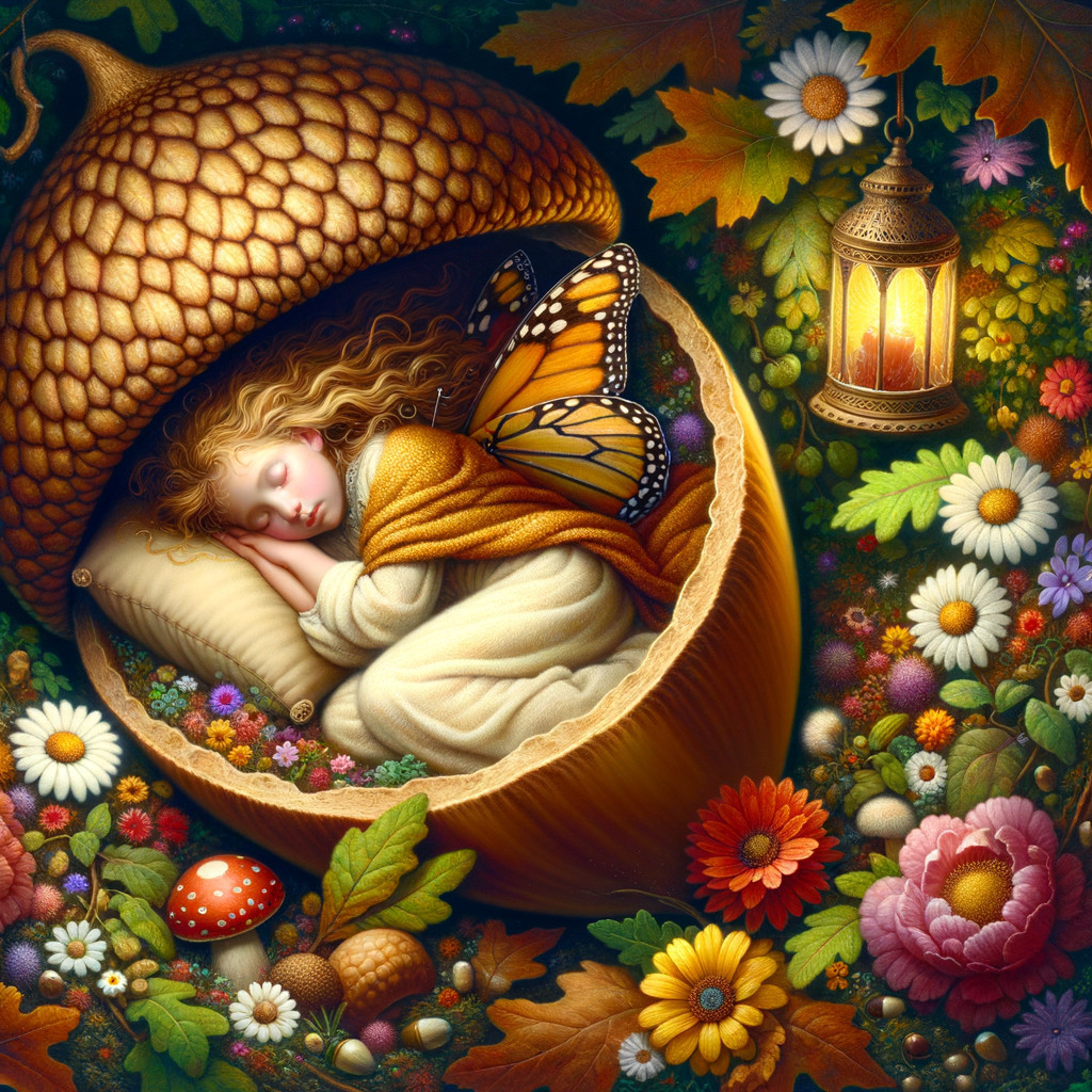 Enchanted Scene of a Girl Sleeping in Acorn Cradle
