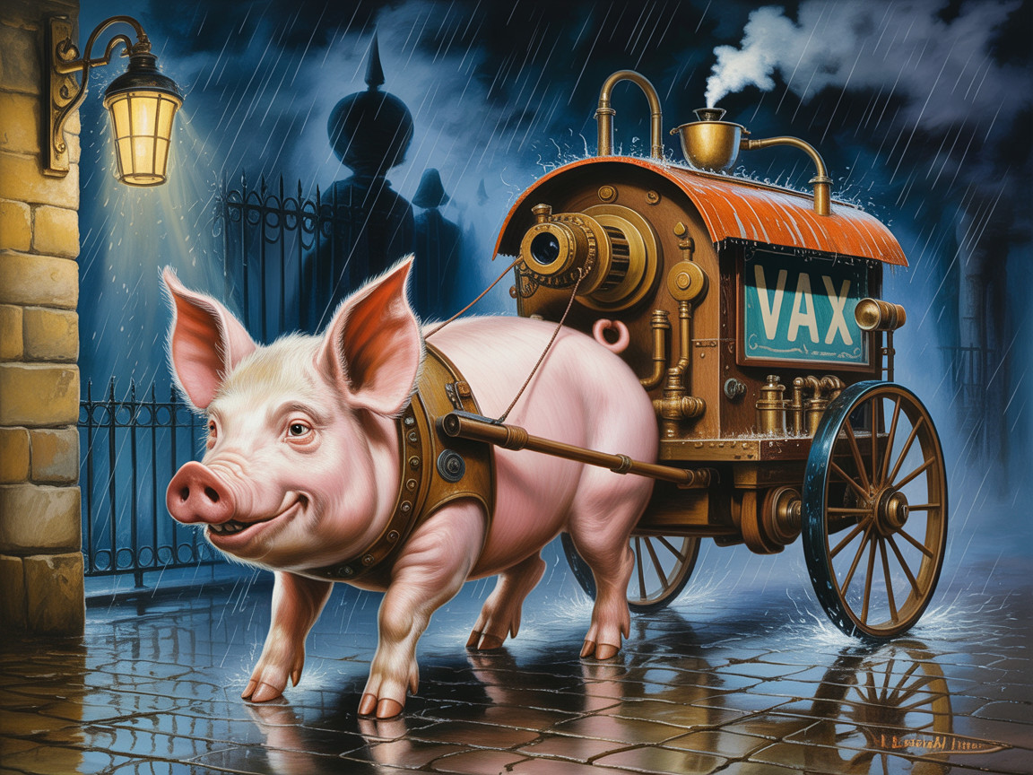 Cheerful pig with steam cart in rainy street scene