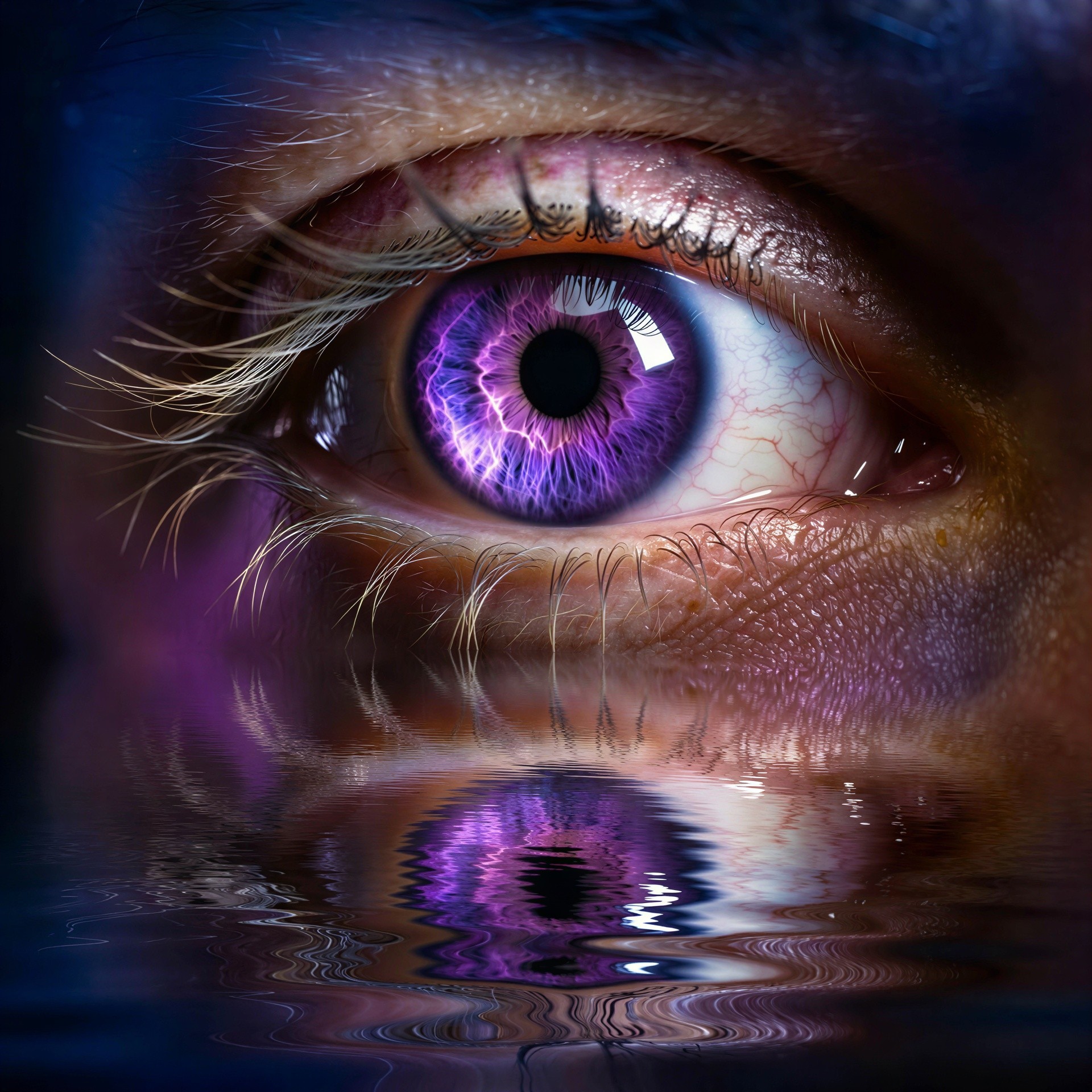 Close-Up of a Human Eye with Purple Iris Reflection