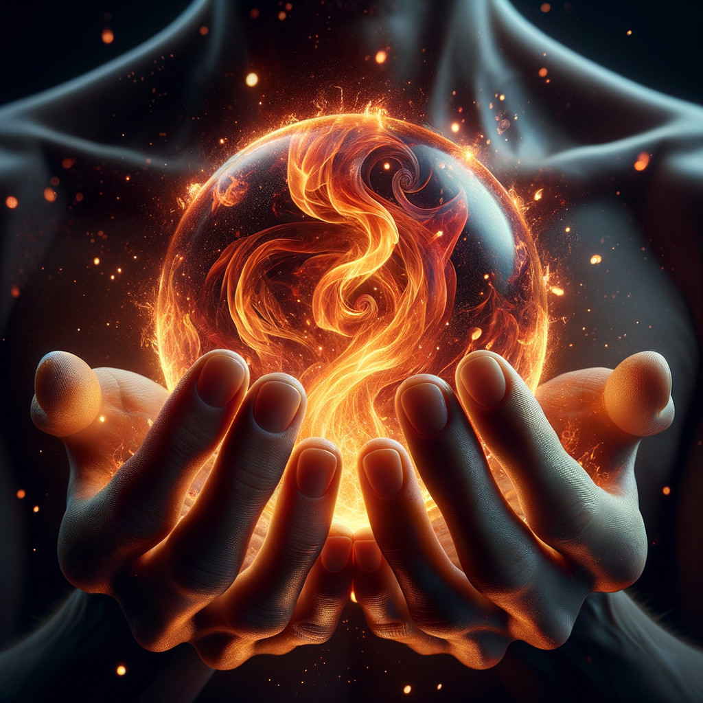 Hands Holding a Glowing Orb Surrounded by Flames
