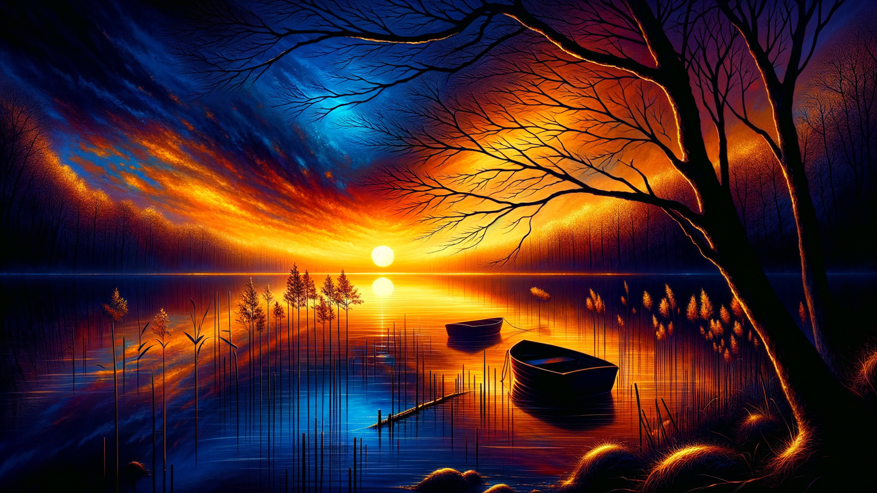 Serene Sunset Landscape with Calm Lake and Silhouetted Trees