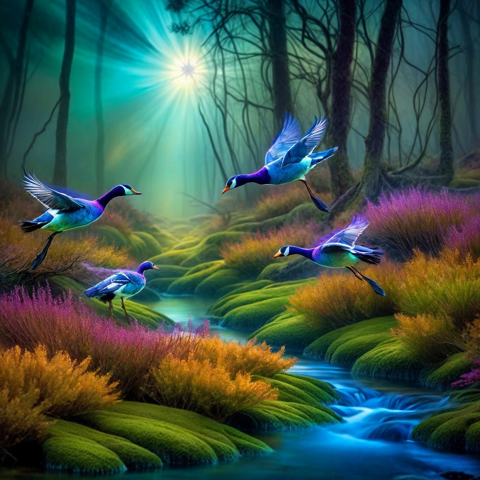 Enchanted Forest with Colorful Ducks in Flight