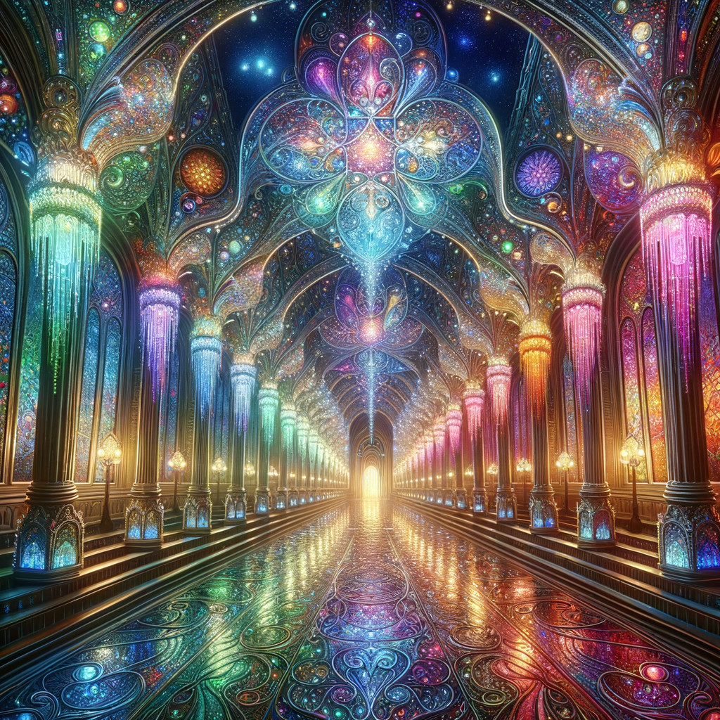Vibrant Hall with Glowing Pillars and Cosmic Ceiling