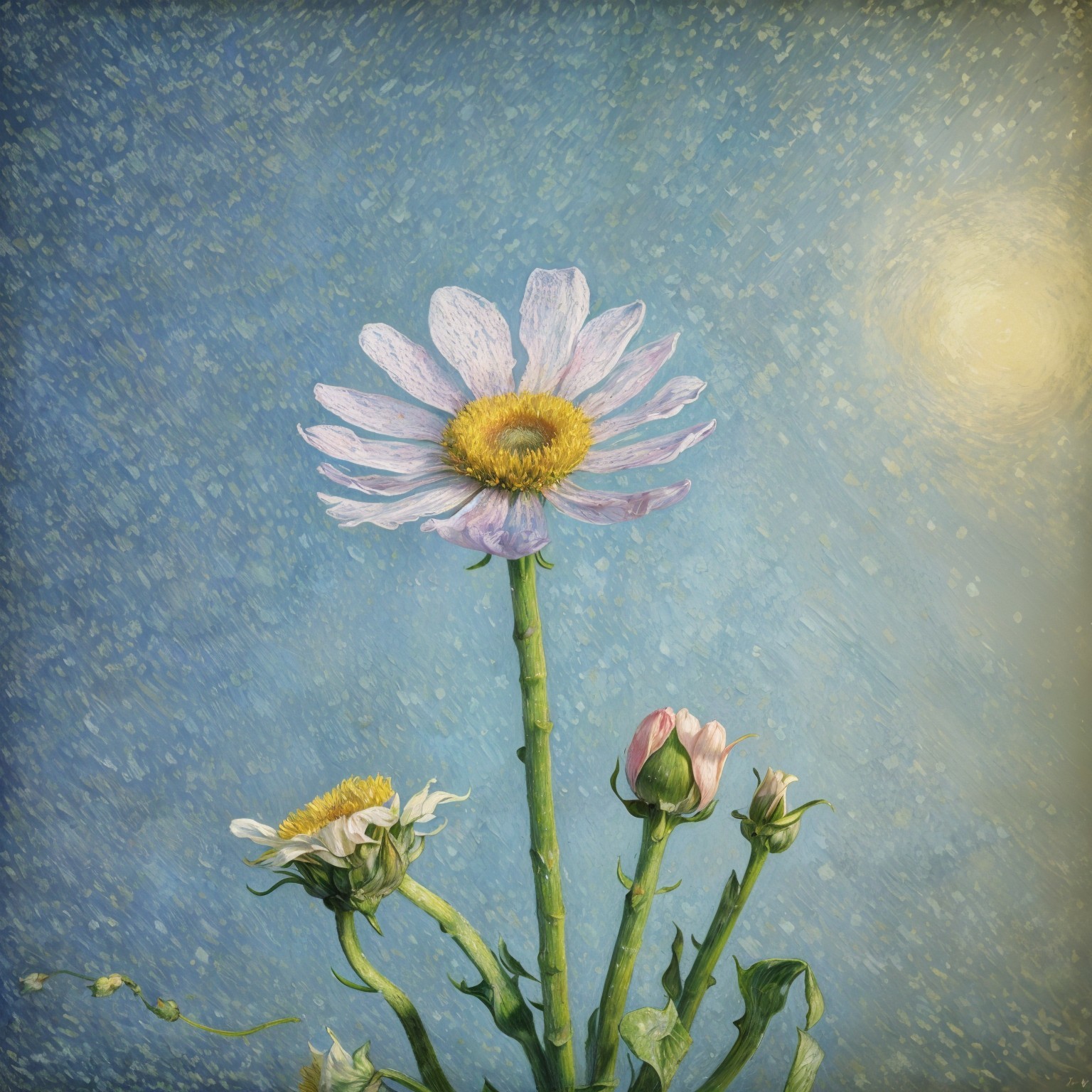 Daisy Blooms Against a Soft Blue Sky in Springtime