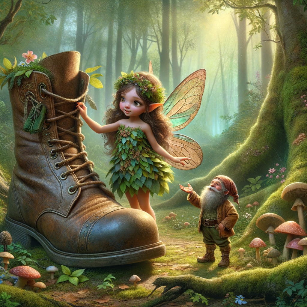 Whimsical forest scene with a fairy and gnome