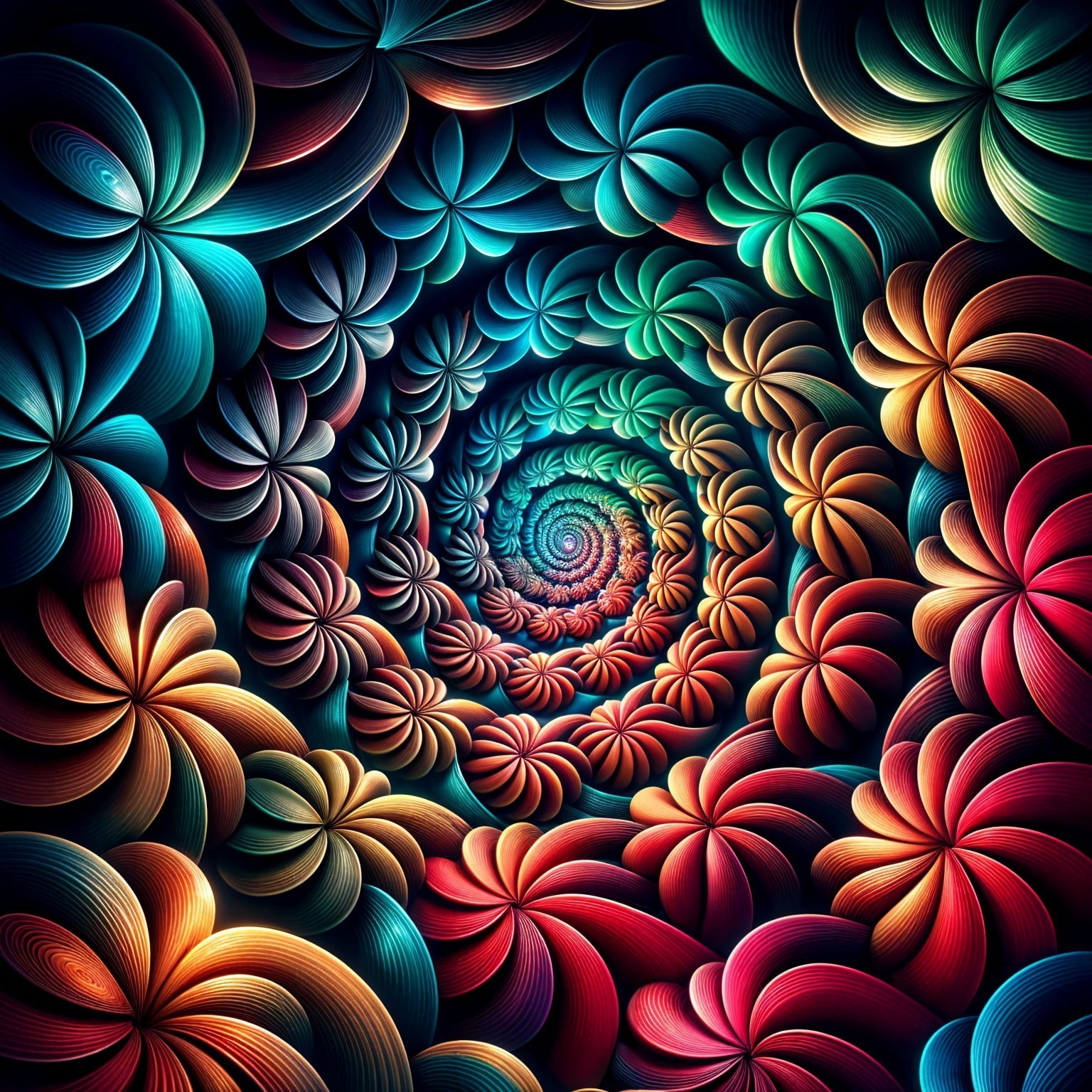 Vibrant Spiral Pattern with Floral Motifs and Colors