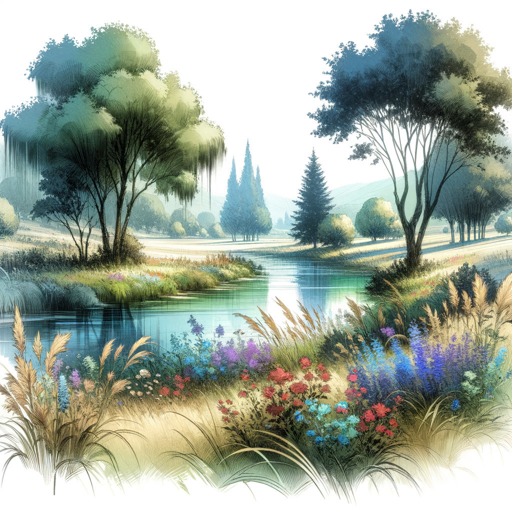 Tranquil River Landscape with Lush Greenery and Flowers