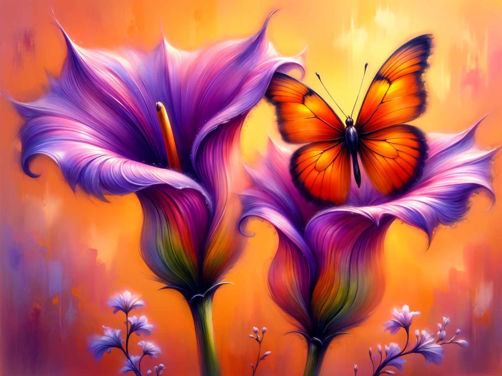 Purple Flowers and Orange Butterfly on Warm Background