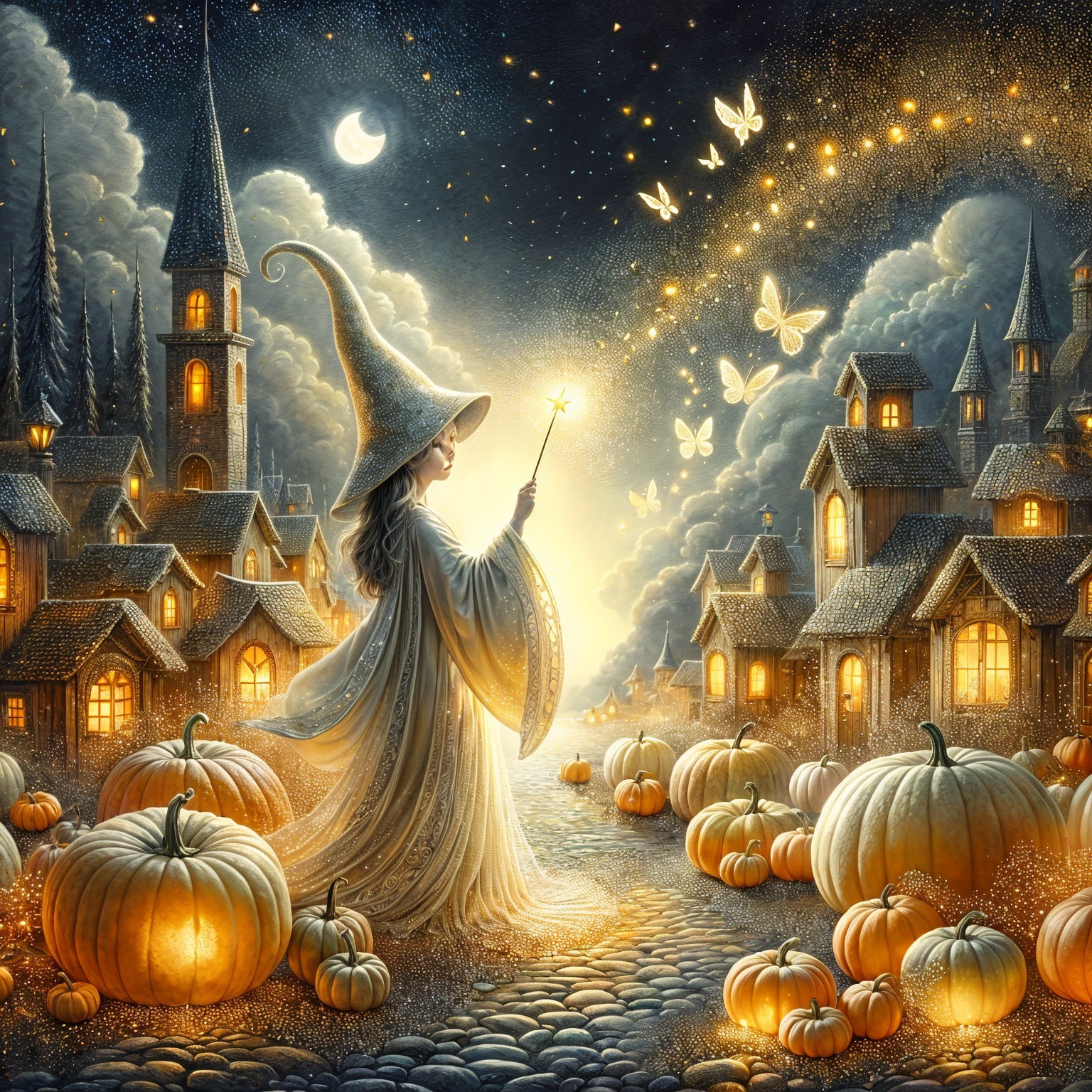 Nighttime Scene of a Young Witch Casting Magic