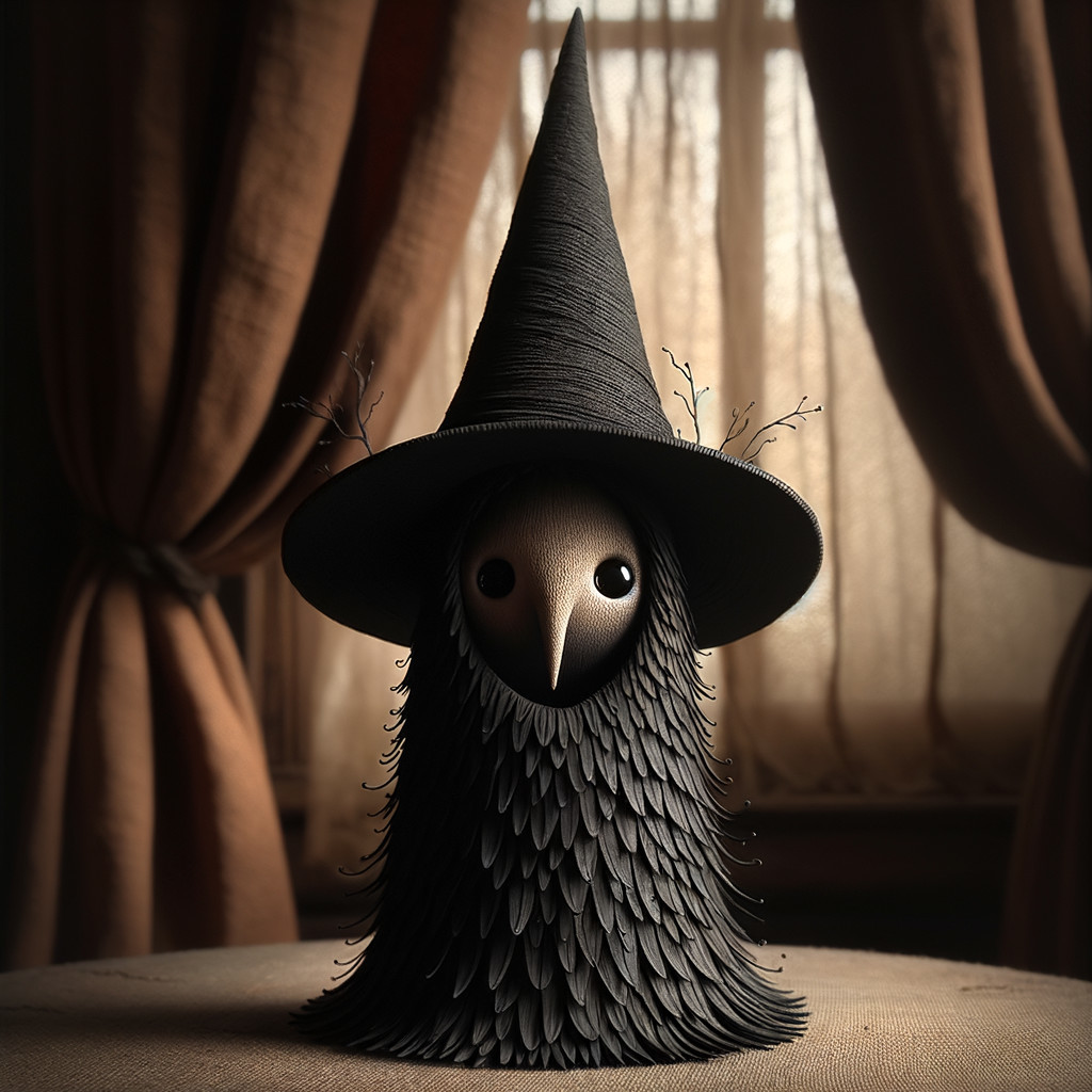 Handcrafted Bird Figure with Witch's Hat and Twigs