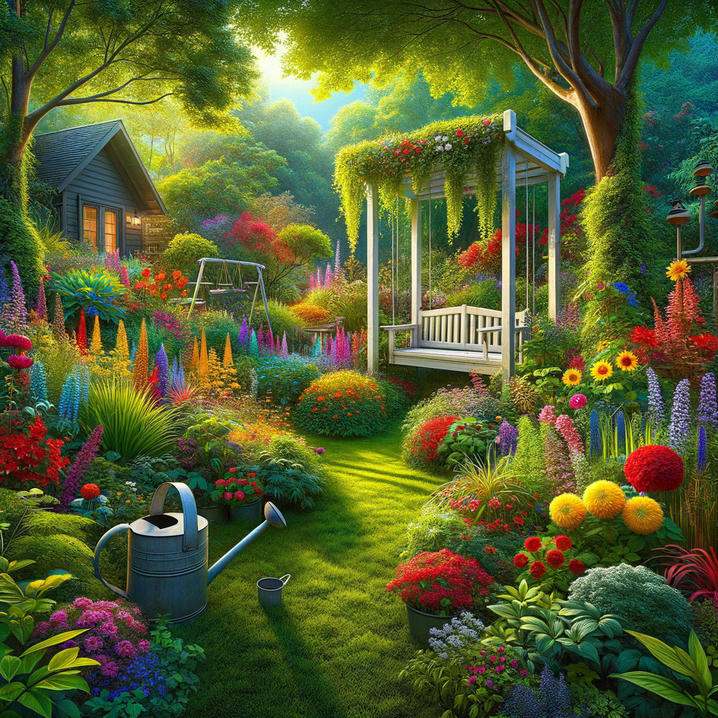 Magical Garden with Wooden House and Vibrant Flowers