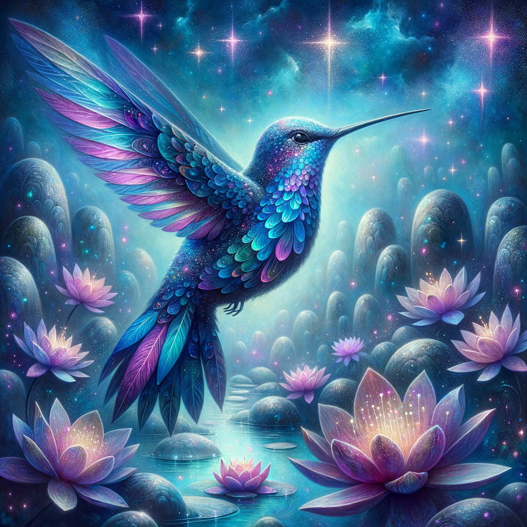 Surreal Hummingbird Over Luminous Pond Scene