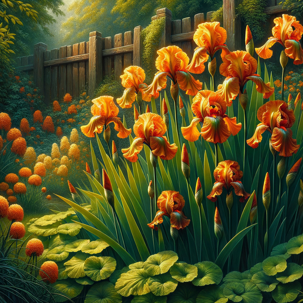 Vibrant garden scene with orange irises and blooms