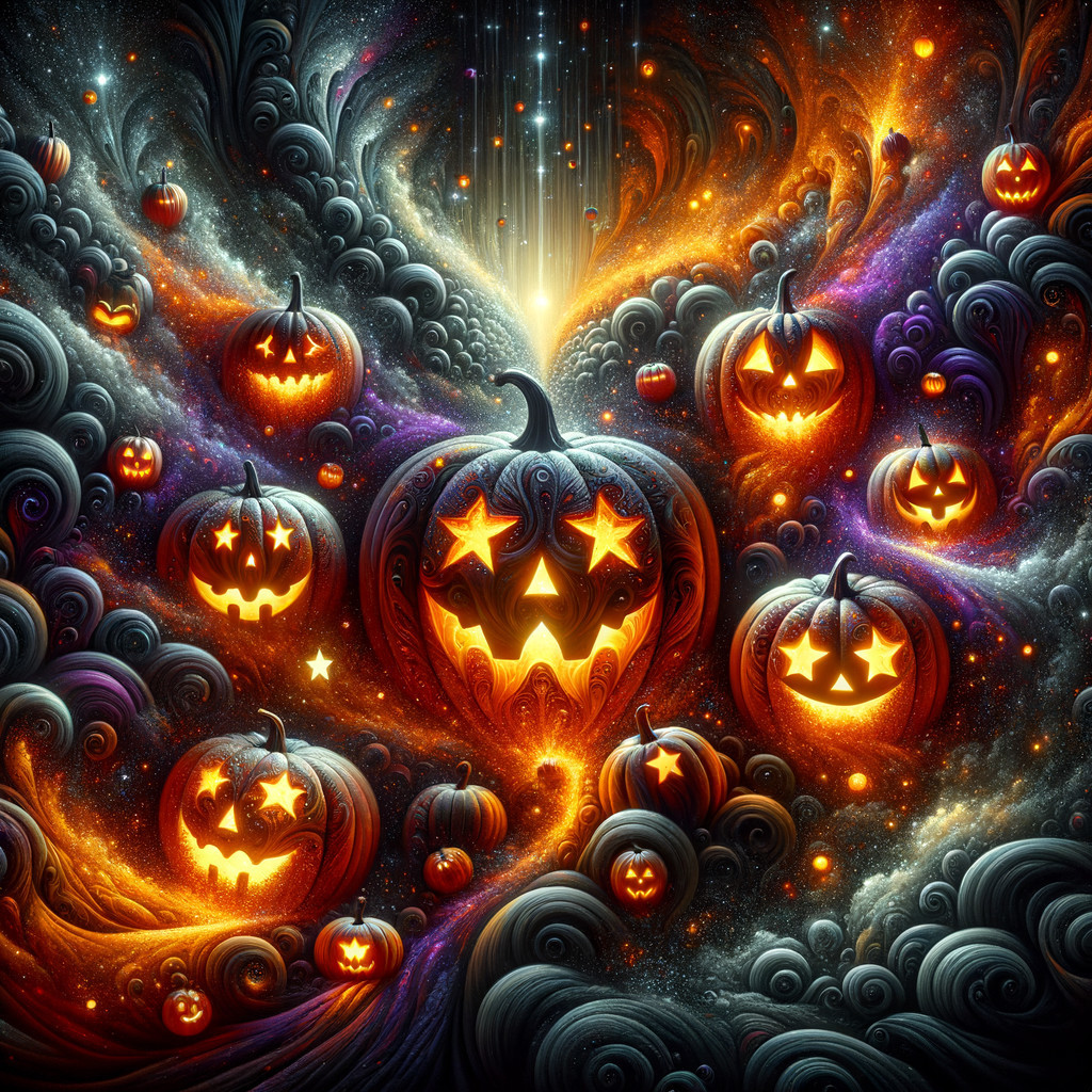 Cosmic Scene with Glowing Halloween Jack-o'-Lanterns