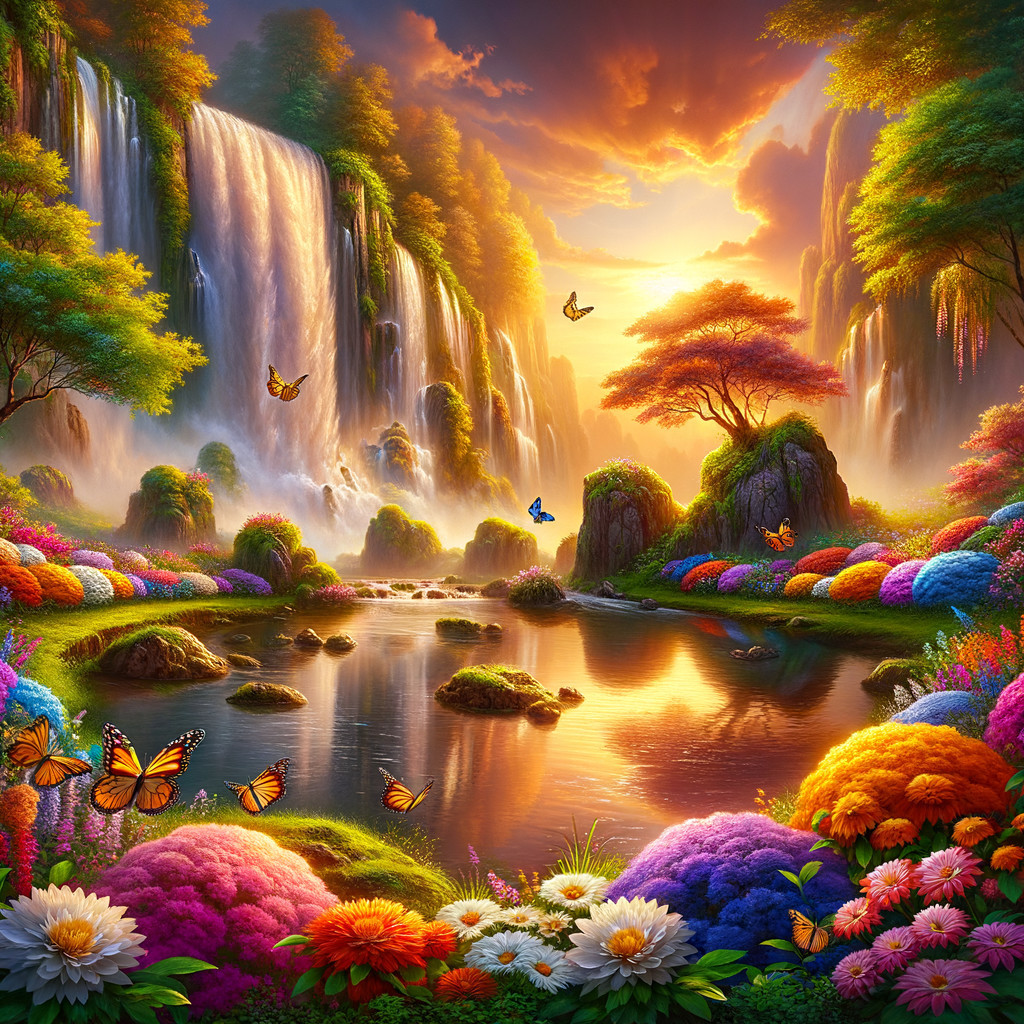 Vibrant Landscape with Waterfalls and Sunset Colors
