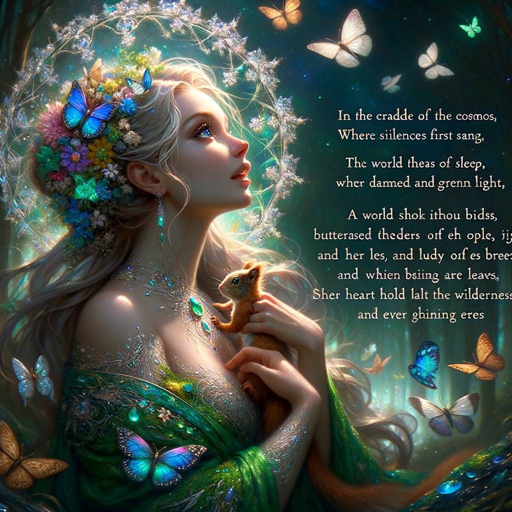Serene Figure with Floral Motifs and Celestial Elements