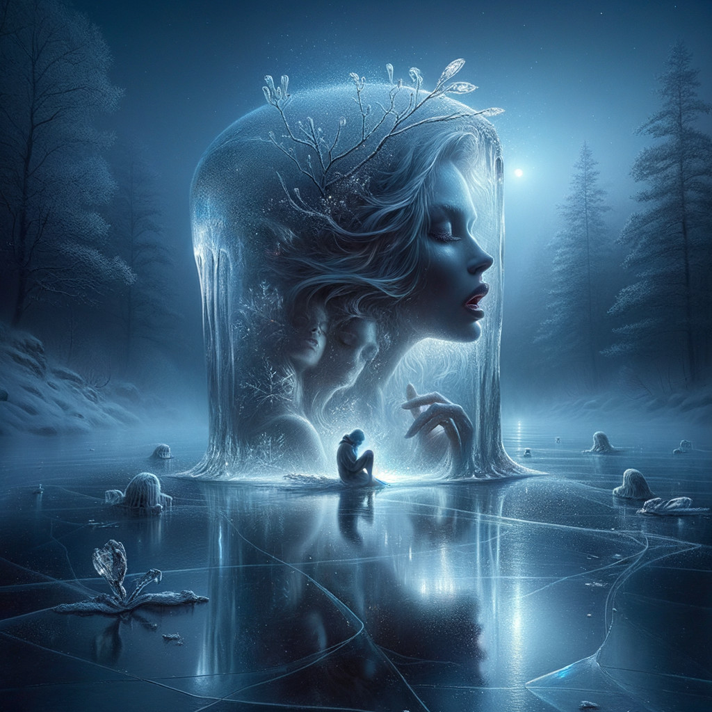 Crystal Dome Enveloping Ethereal Woman in Icy Landscape