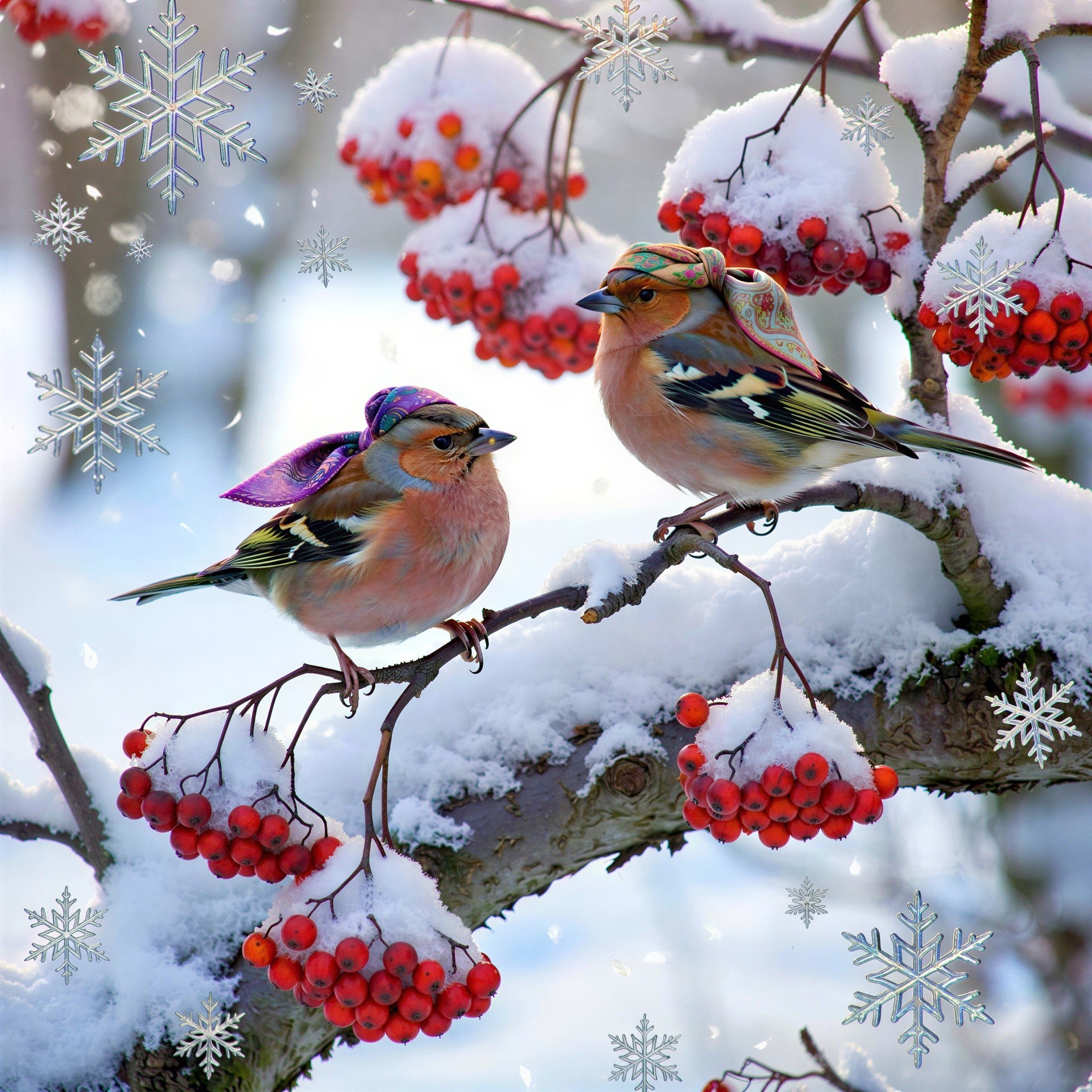 Colorful Chaffinches on Snowy Branch with Berries