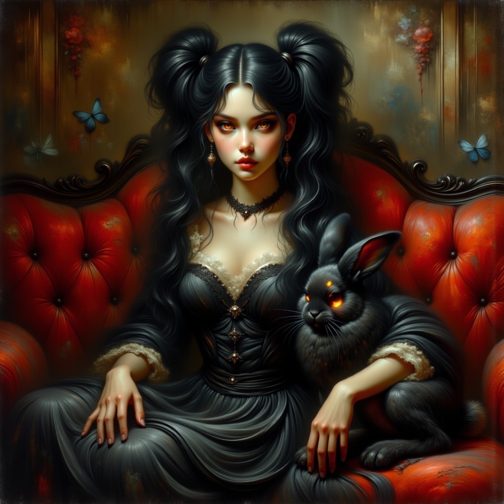 Young Woman on Red Sofa with Black Rabbit and Butterflies