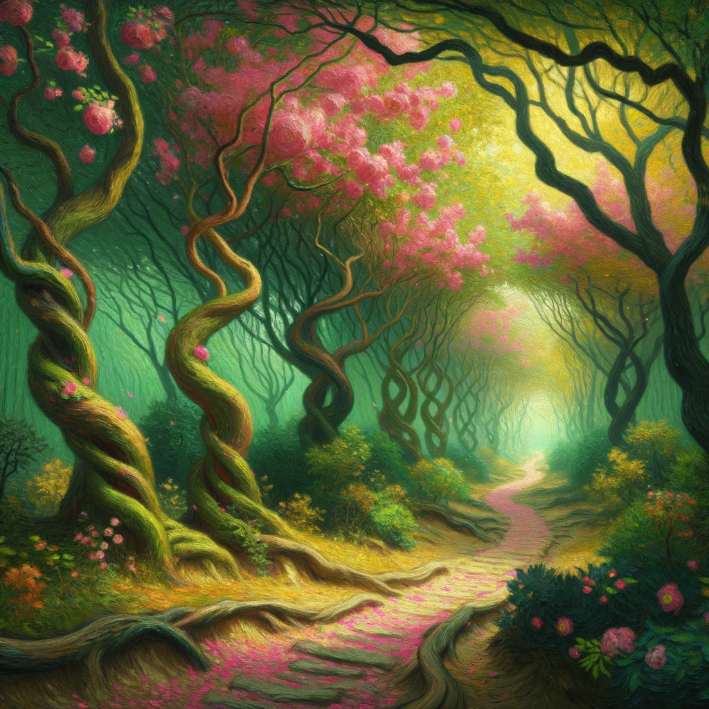 Magical Forest Path with Twisted Trees and Blossoms