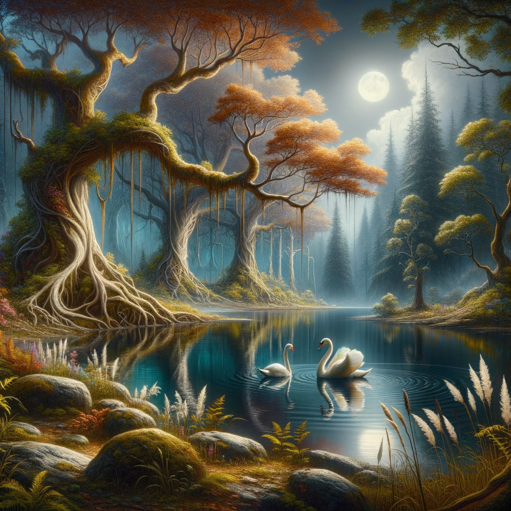 Moonlit Lake with Swans and Autumn Foliage