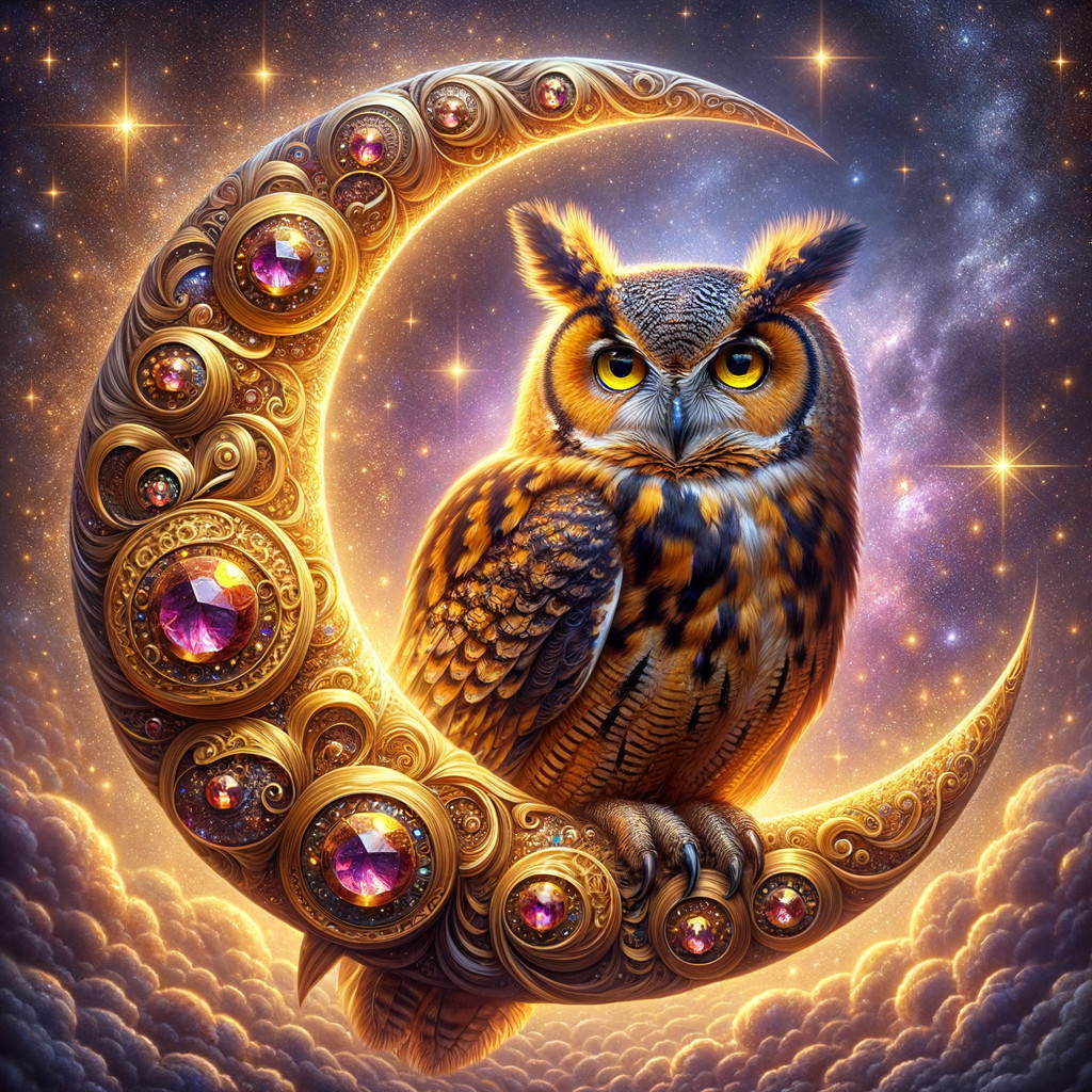 Majestic owl on crescent moon in cosmic setting