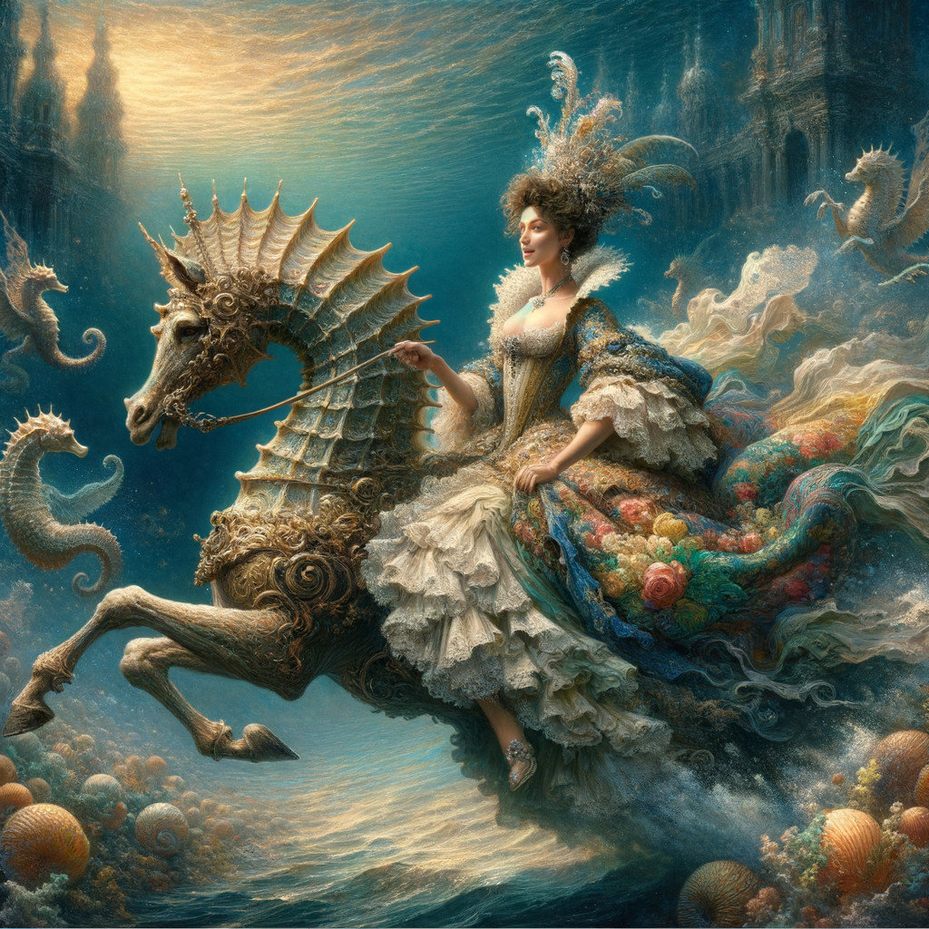 Woman on Ornate Seahorse in Underwater Fantasy Scene