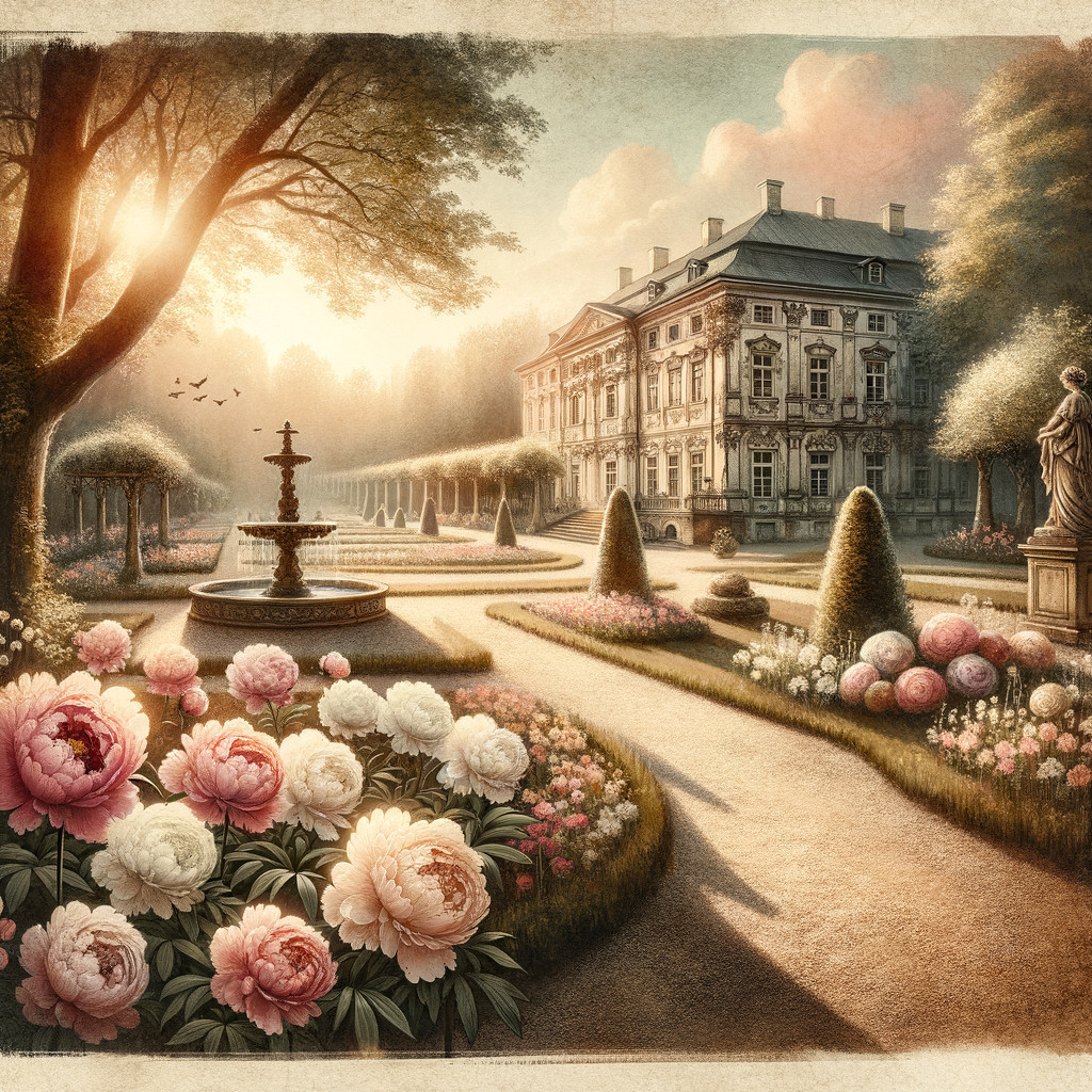 Grand Palace Garden with Fountain and Flower Beds