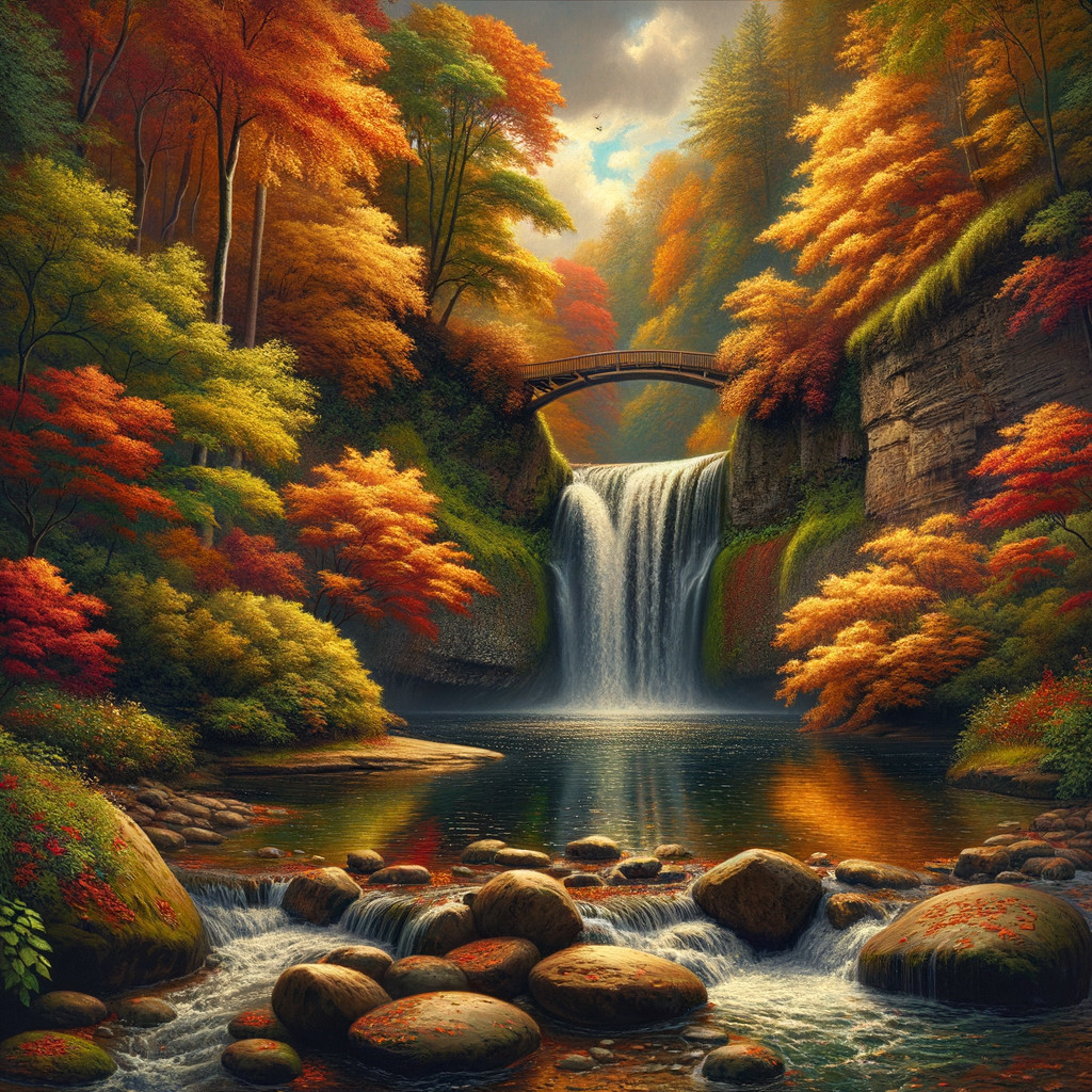 Autumn Landscape with Waterfall and Colorful Trees