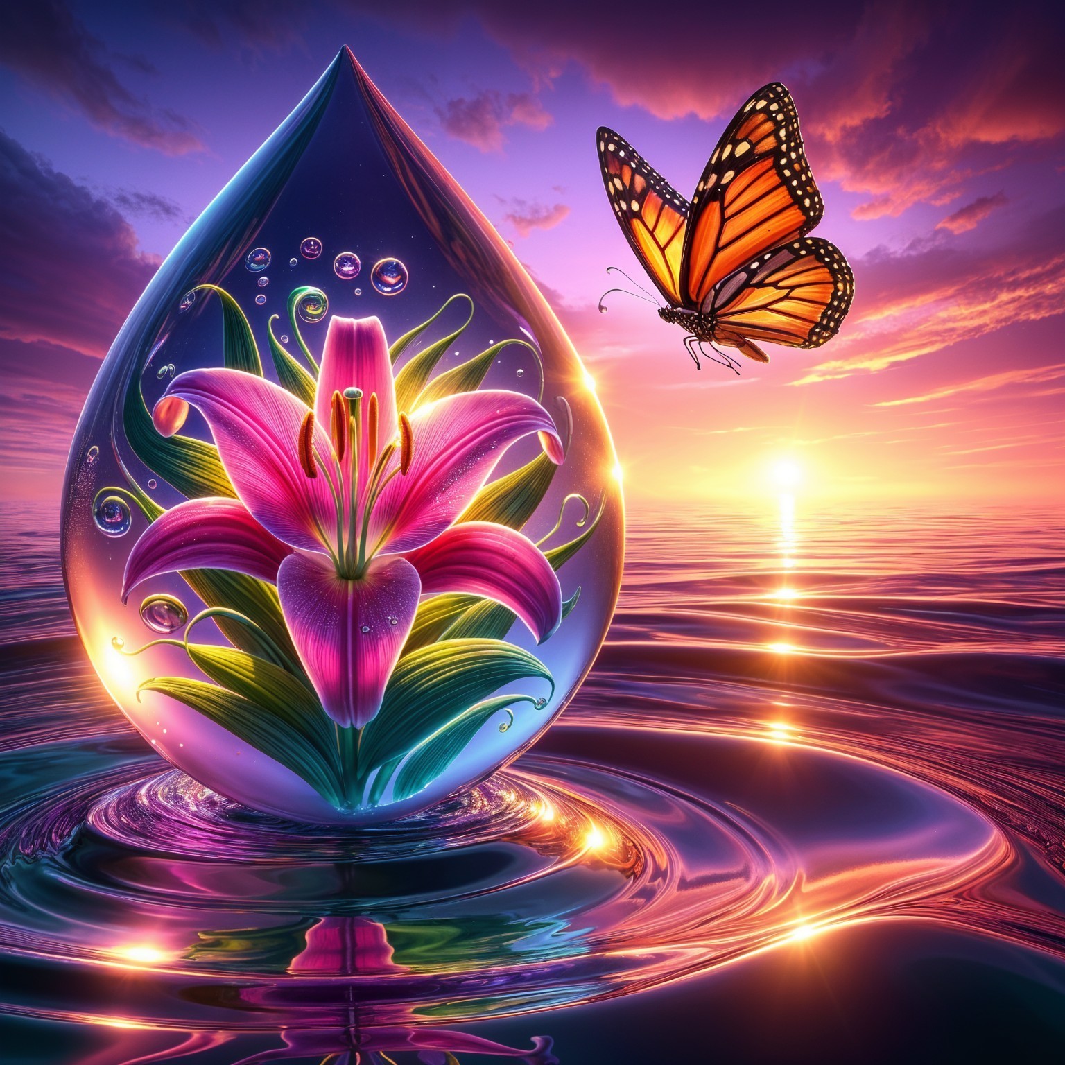 Lily in Droplet with Sunset and Butterfly Scene