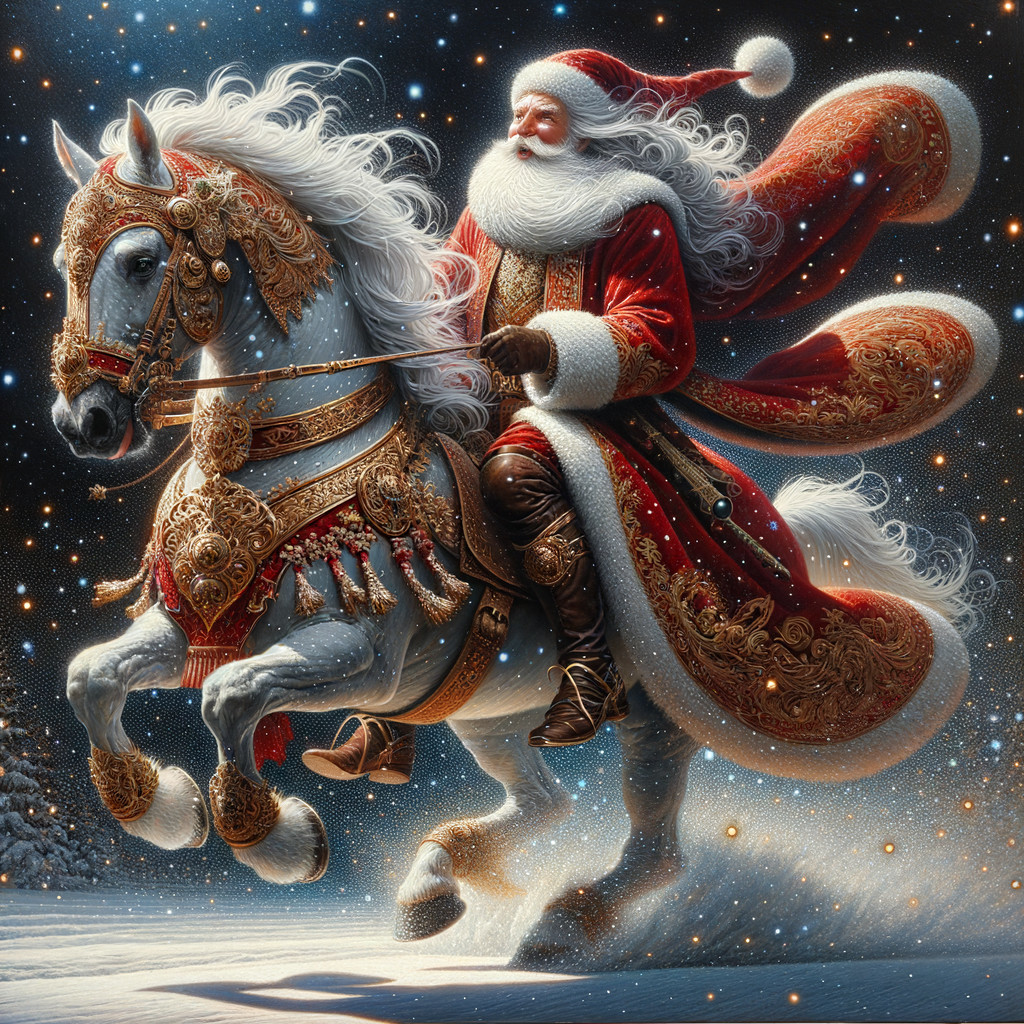 Santa Claus on a White Horse in a Starry Landscape