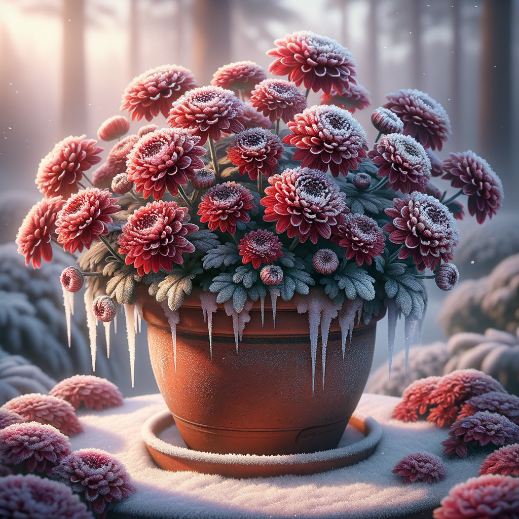 Chrysanthemums in Frosty Winter Landscape with Sunlight