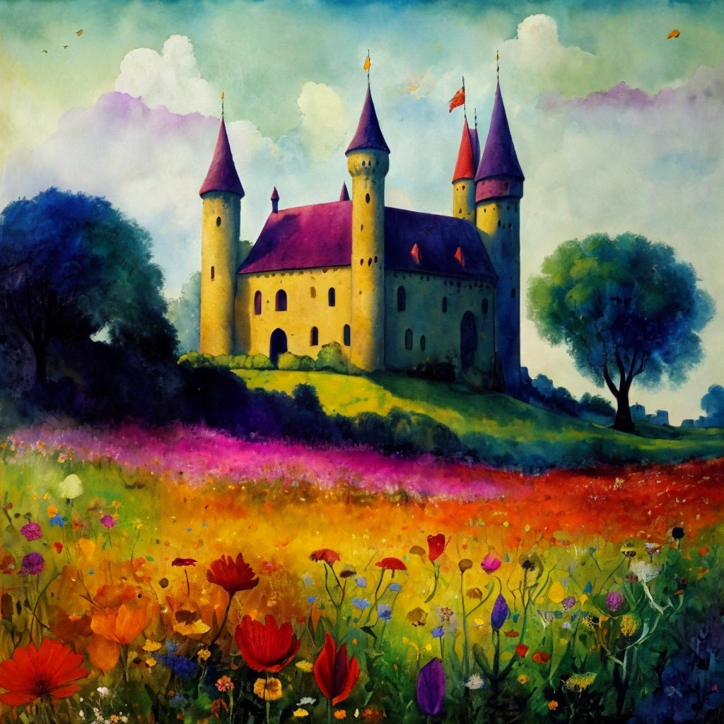 Whimsical Landscape with Fairytale Castle and Flowers