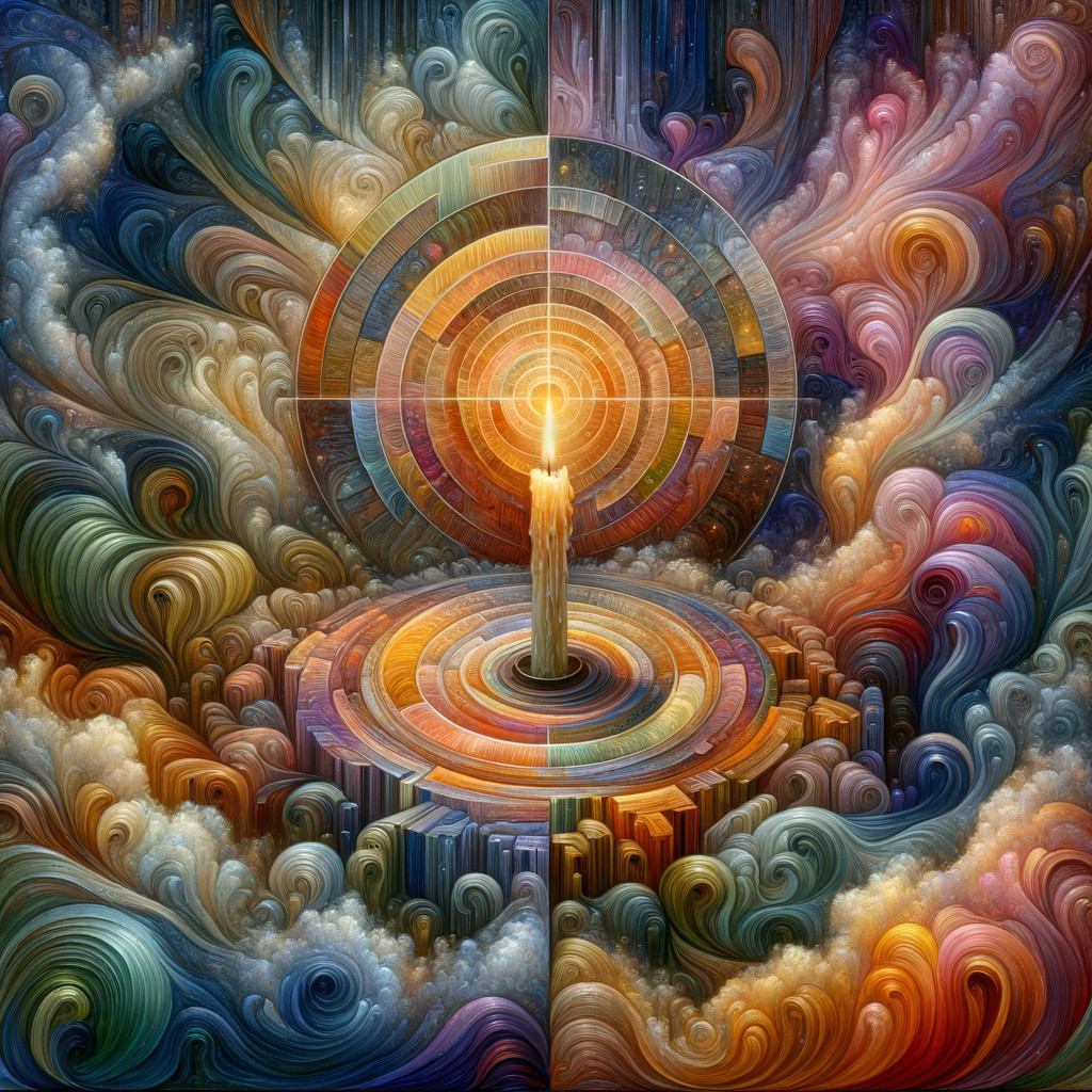 Vibrant Cosmic Scene with Central Candle and Patterns