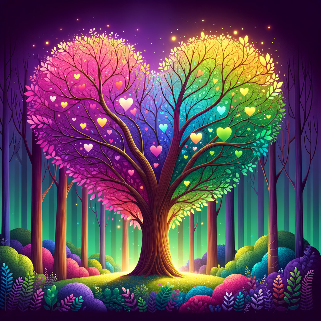 Fantasy Landscape with Heart-Shaped Tree and Foliage