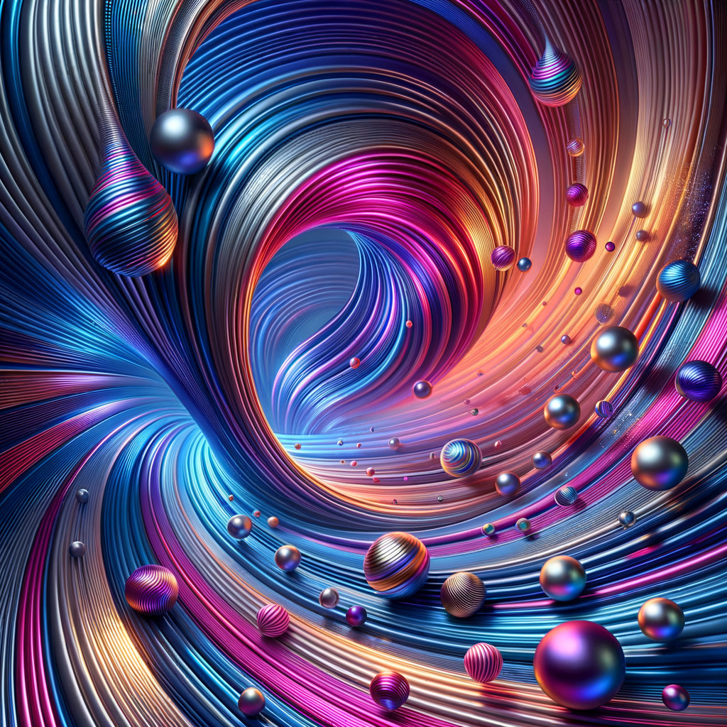 Vibrant Abstract Composition with Metallic Ribbons