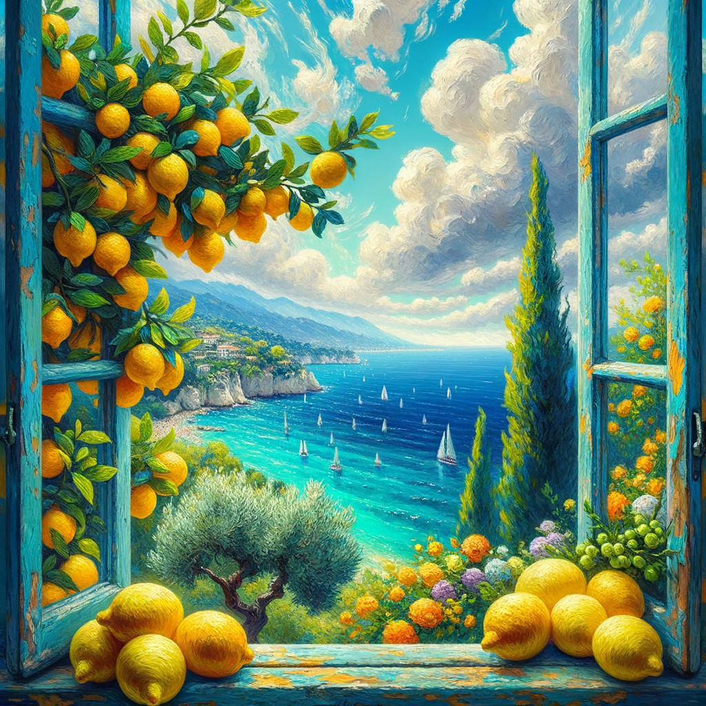 Coastal Landscape with Rustic Window and Lemons