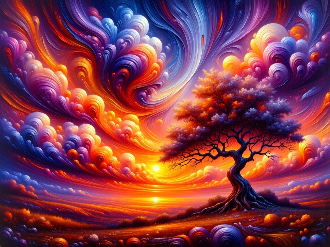 Vibrant Landscape with Tree and Sunset Colors