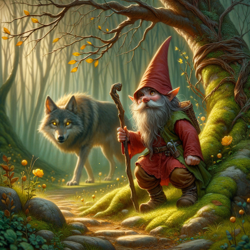 Whimsical gnome and wolf in a mystical forest scene