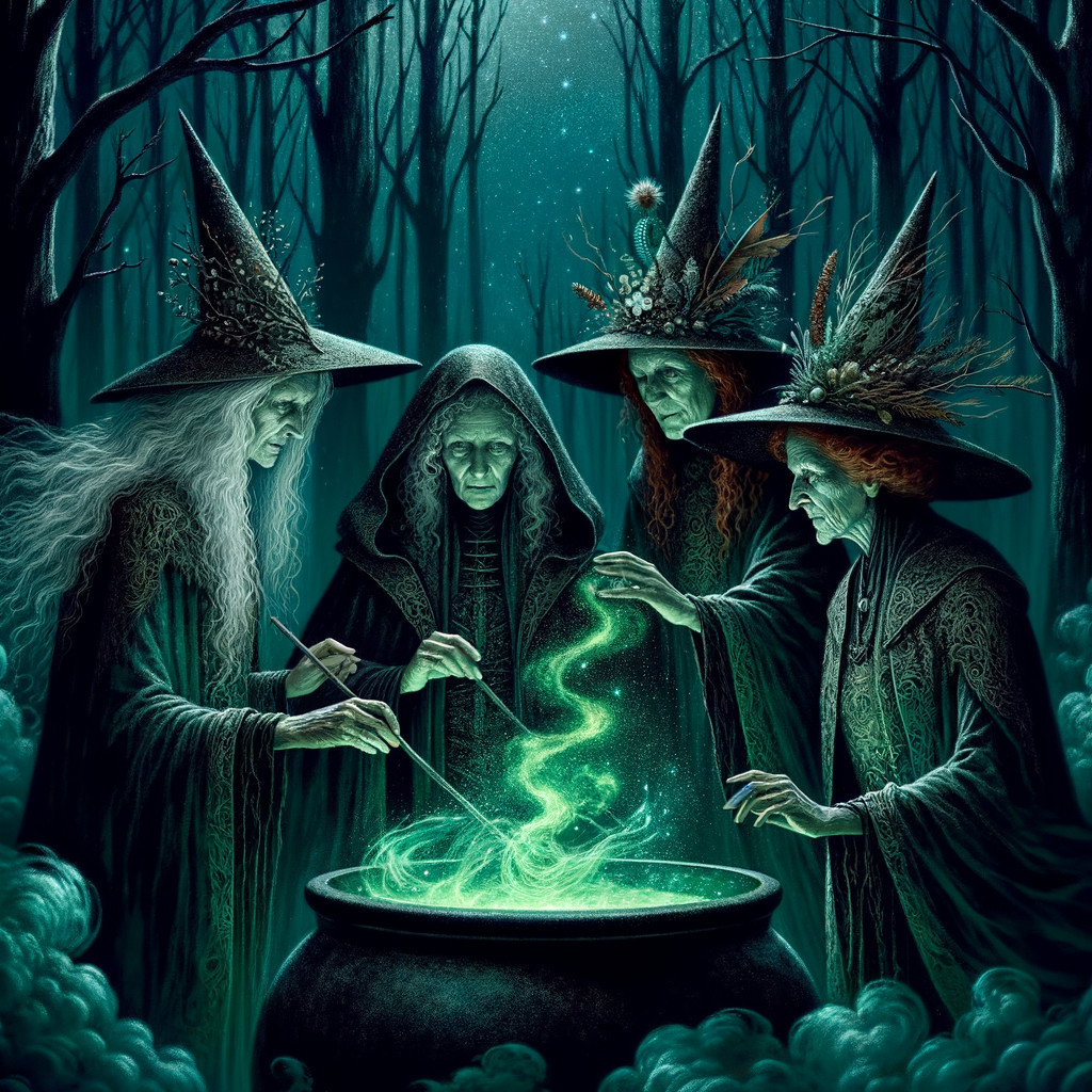 Witches Casting Spells in a Dark Mystical Forest
