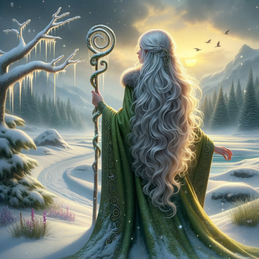 Sorceress in Green Coat in Snowy Landscape at Sunset