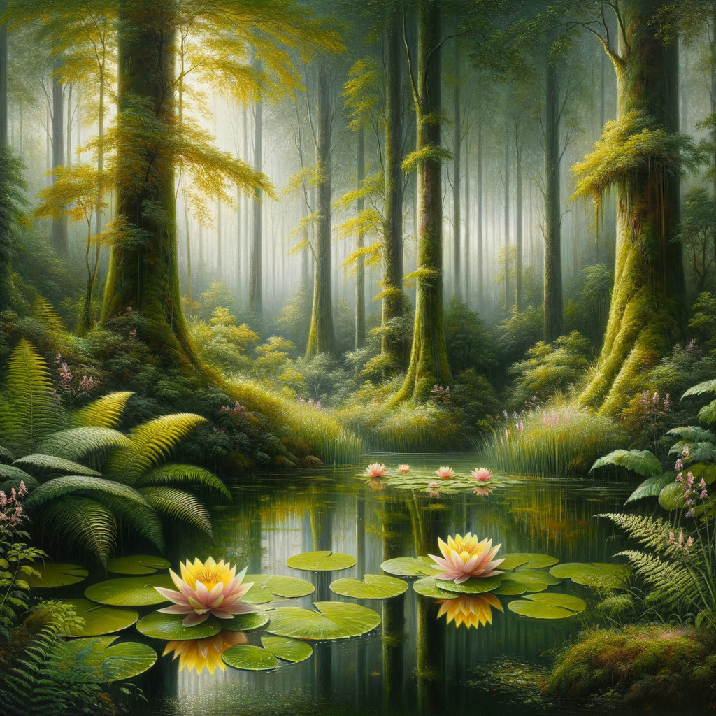 Tranquil Forest Scene with Lush Greenery and Pond