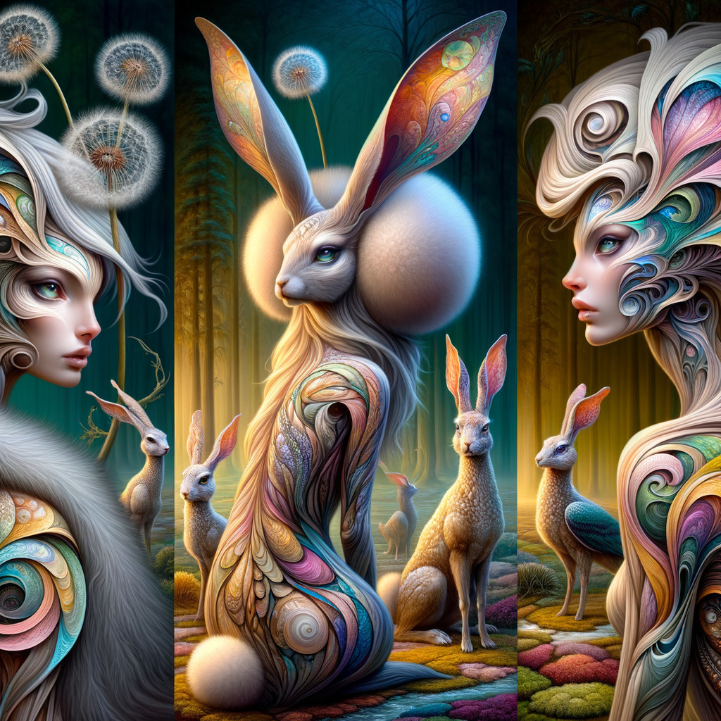 Surreal Scene of Anthropomorphic Rabbits in Forest