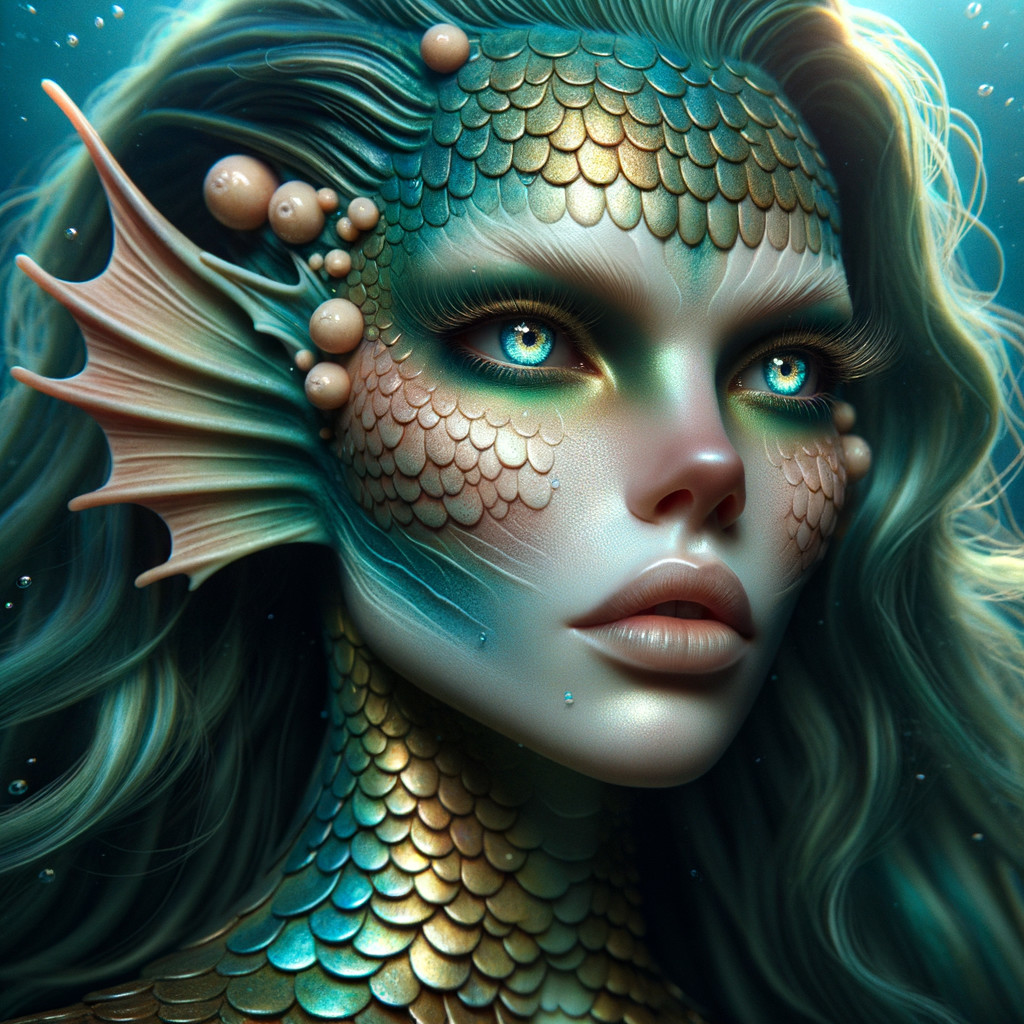 Ethereal Mermaid with Shimmering Scales and Bubbles