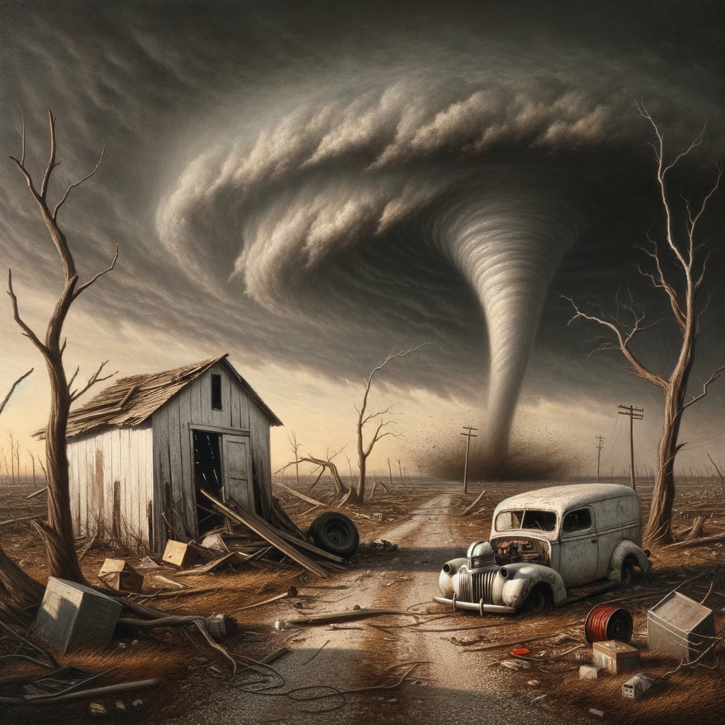 Desolate Landscape with Tornado and Battered Car